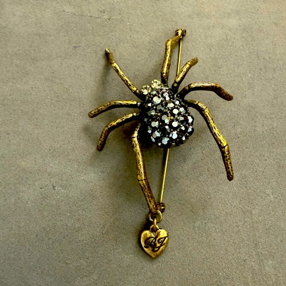 Betsey Johnson Vintage LARGE Pewter Grey Clear Crystal Spider Brooch Pin RARE